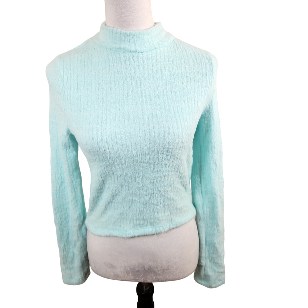 Anthropologieβ Fuzzy Mock Neck Long Sleeve Cropped Sweater Mint Green Size M